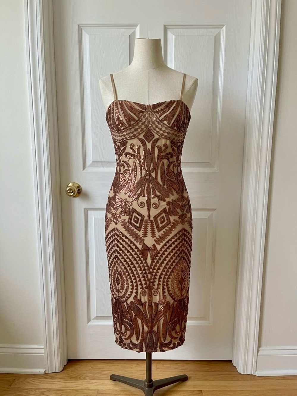 privy Brown Beaded Nude Midi Dress